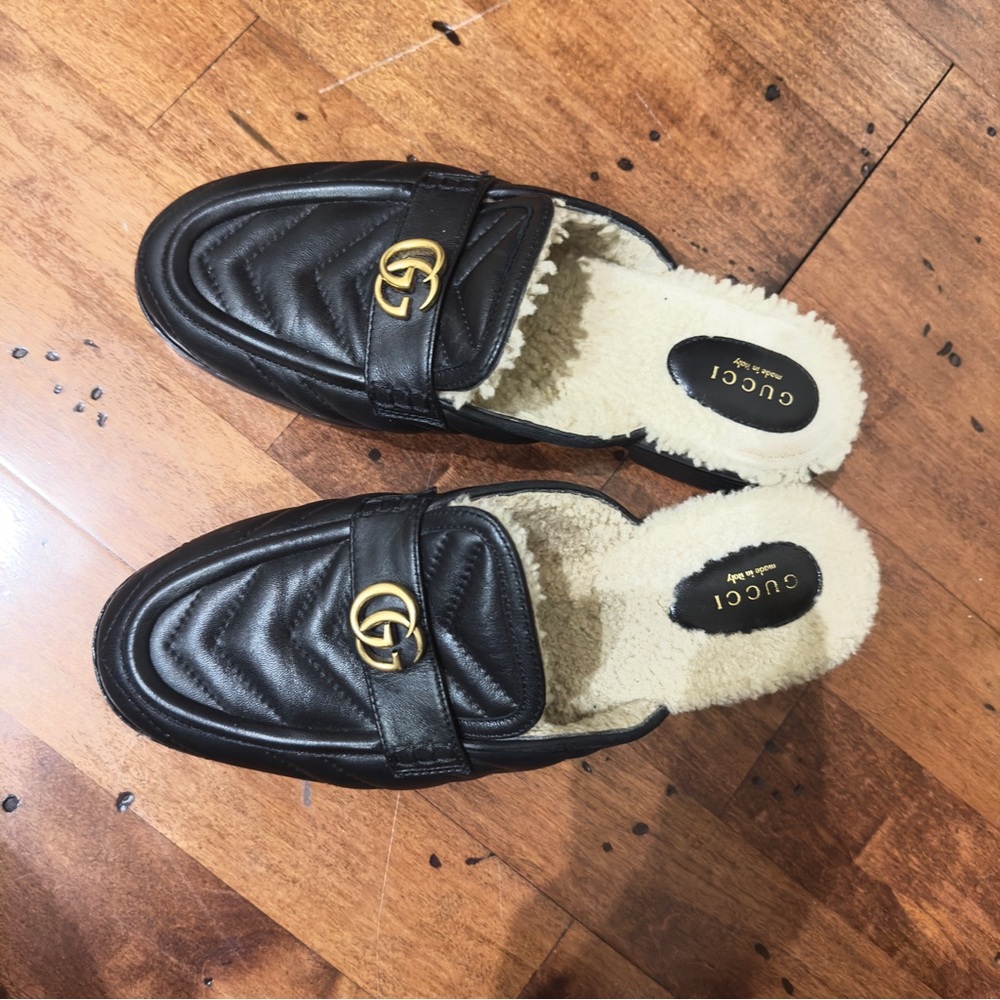 Gucci marmot shearling mules!